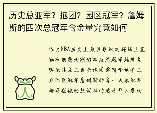 历史总亚军？抱团？园区冠军？詹姆斯的四次总冠军含金量究竟如何